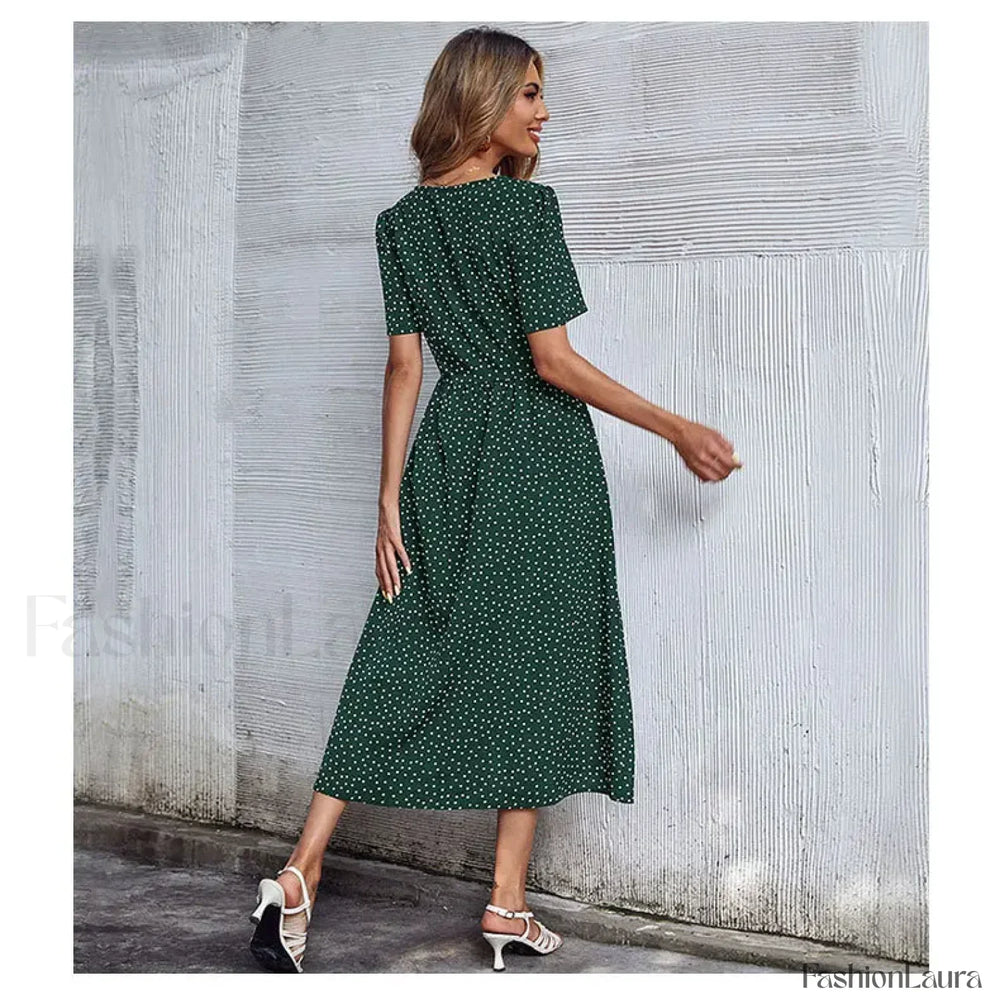 Vacation Chic Single breasted Cardigan V neck Short Sleeve Hem Slit Retro Dot Midi Dress