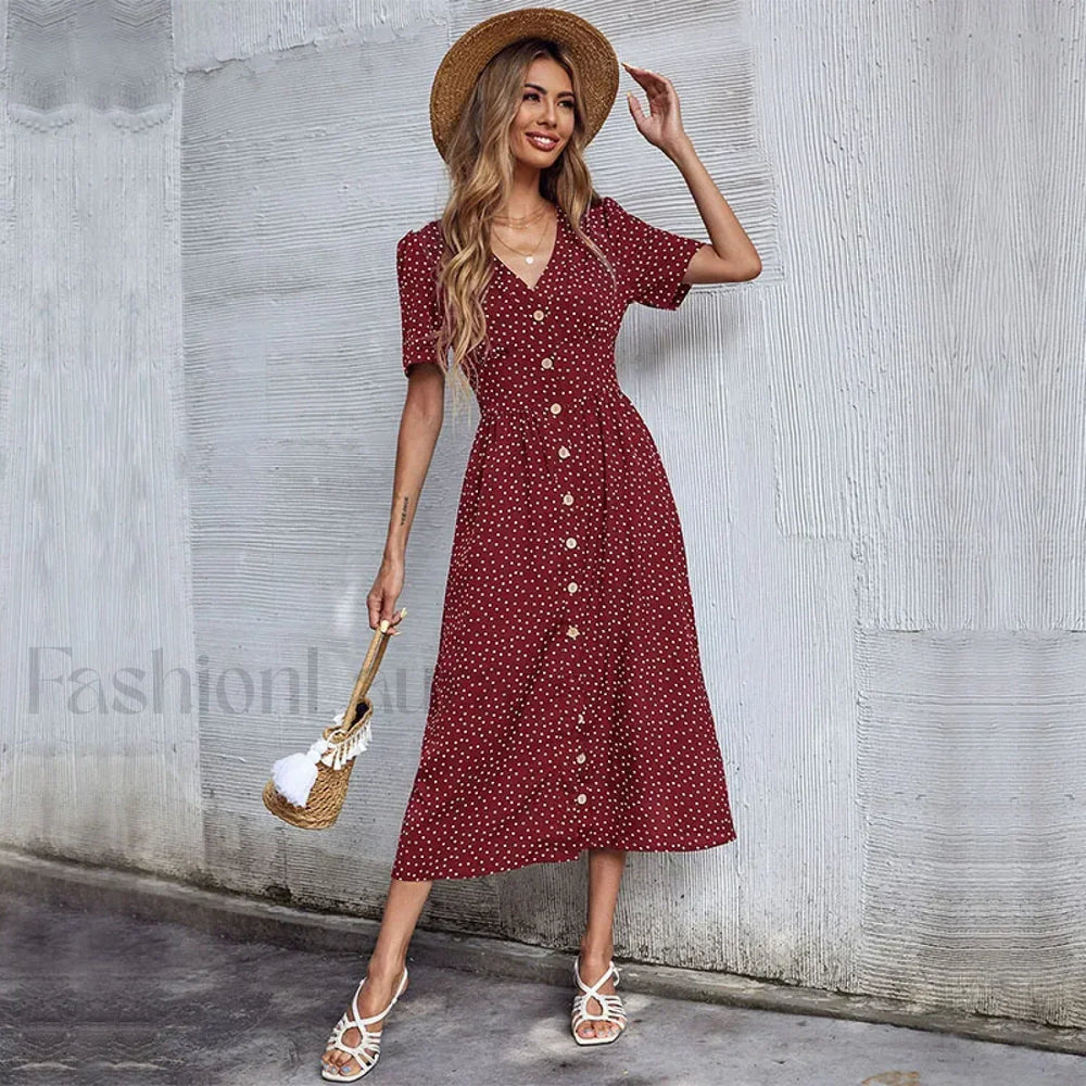 Vacation Chic Single breasted Cardigan V neck Short Sleeve Hem Slit Retro Dot Midi Dress Burgundy / S