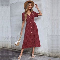 Vacation Chic Single breasted Cardigan V neck Short Sleeve Hem Slit Retro Dot Midi Dress Burgundy / S