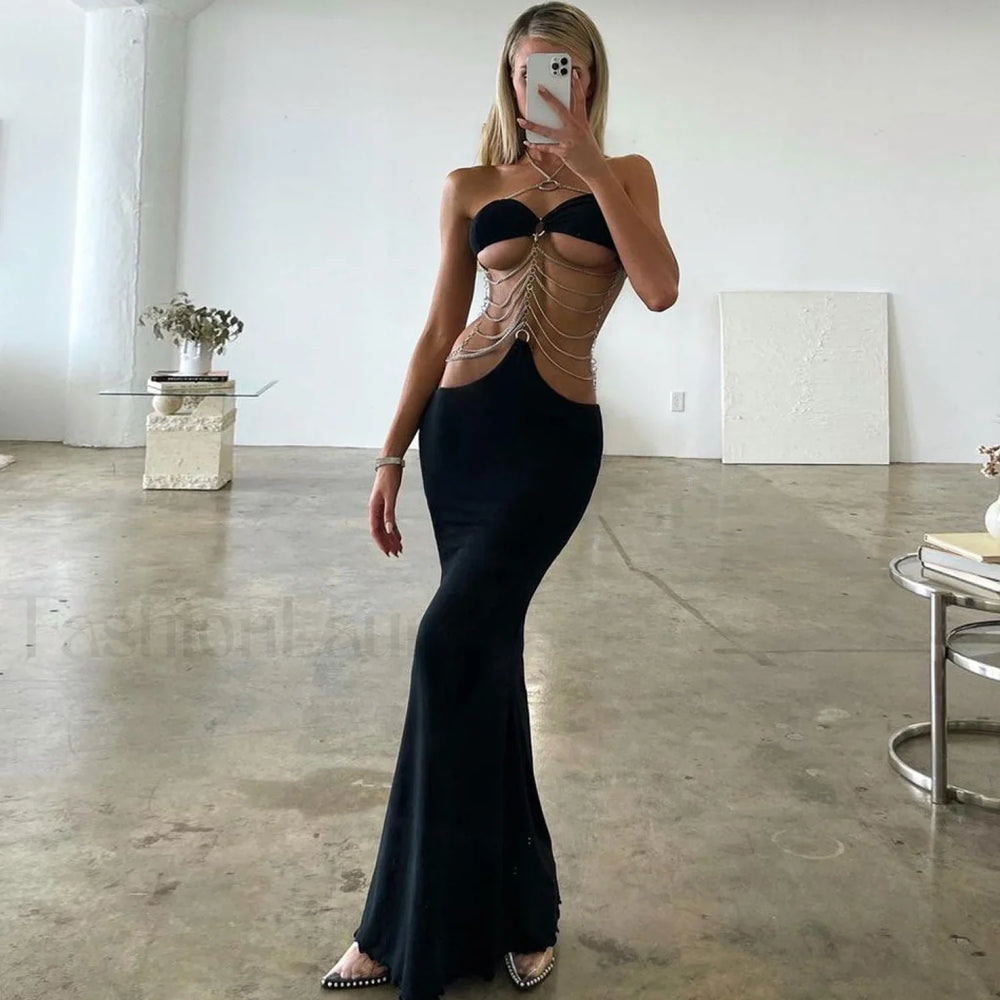 Vacation Ready Cut Out Layered Metal Chain Halter Maxi Dress Black M / Black Party Dresses L