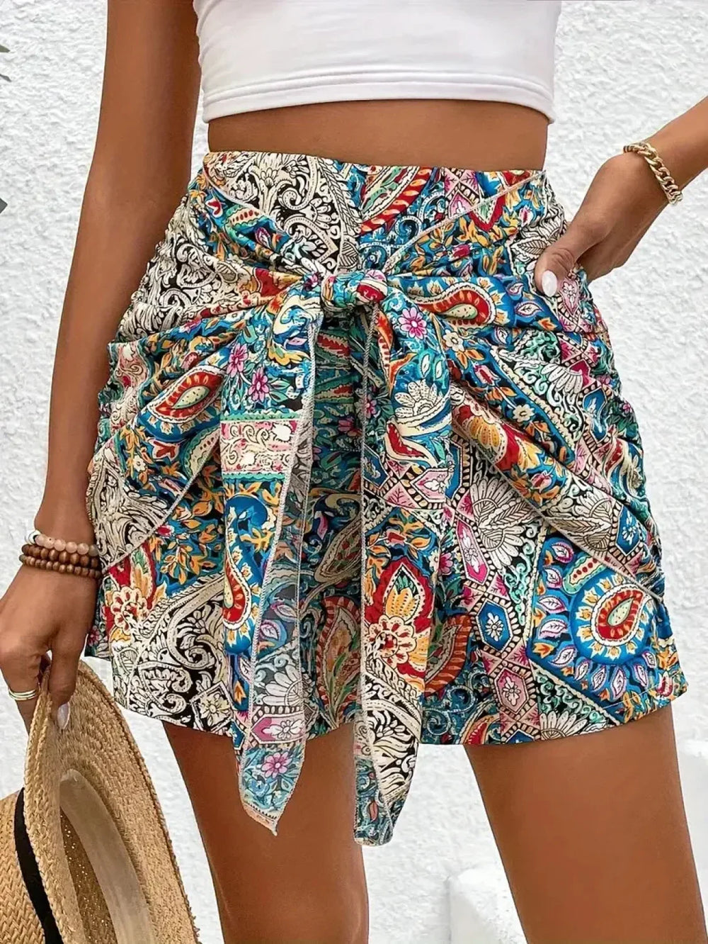 Vacation Style Boho Tribal Floral Printed Short Green / S