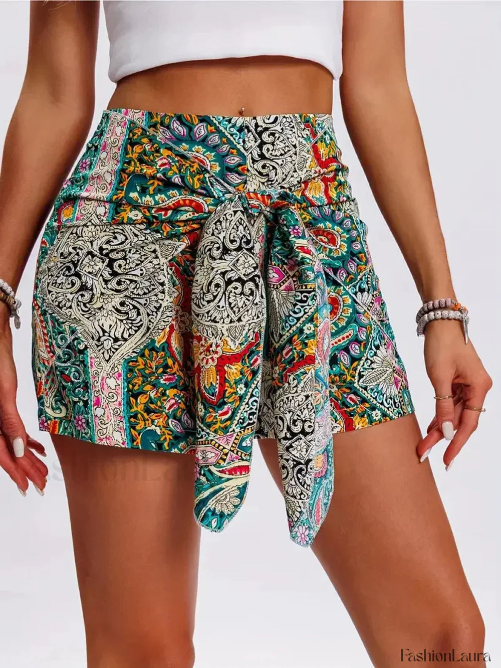 Vacation Style Boho Tribal Floral Printed Short Yellow / S
