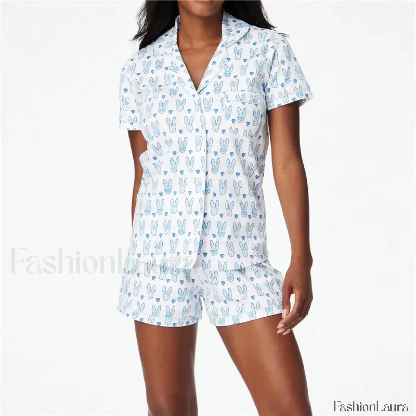 Valentines Heart Print Shirt High Waist Shorts Two Piece Set Blue / S