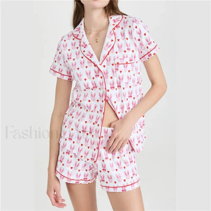 Valentines Heart Print Shirt High Waist Shorts Two Piece Set Pink / S