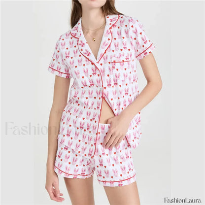 Valentines Heart Print Shirt High Waist Shorts Two Piece Set Pink / S