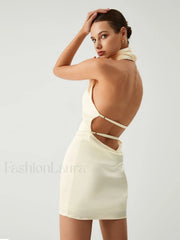 Vanilla Satin Halter Trendy Open Back Short Dress Dresses