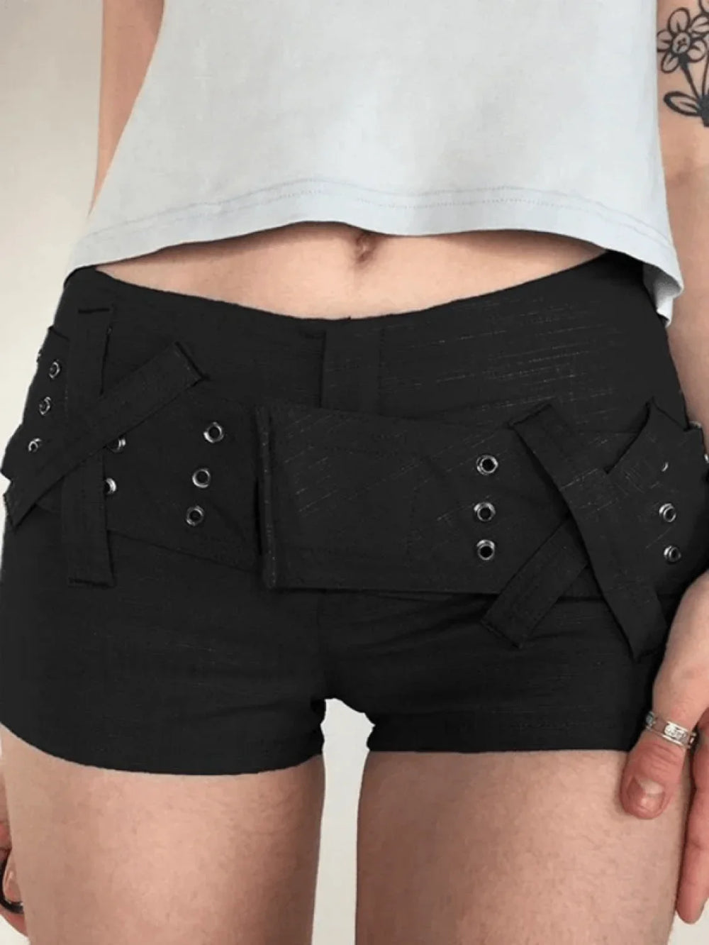 Velcro Belt Stretch Denim Shorts Shorts
