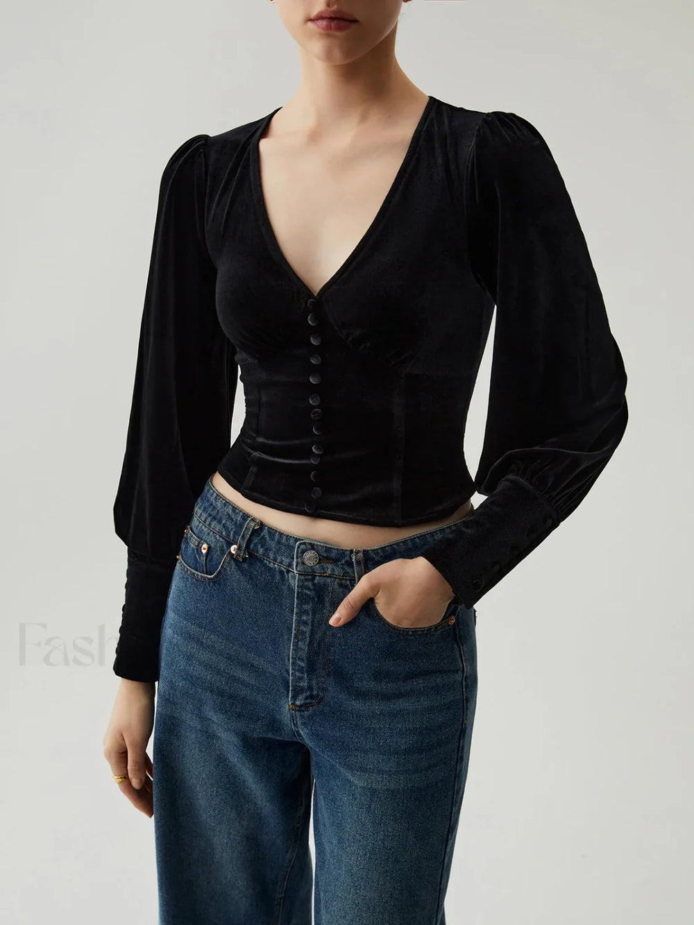 Velvet Buttoned V neck Trendy Long Sleeve Crop Top Black / XS Blouses