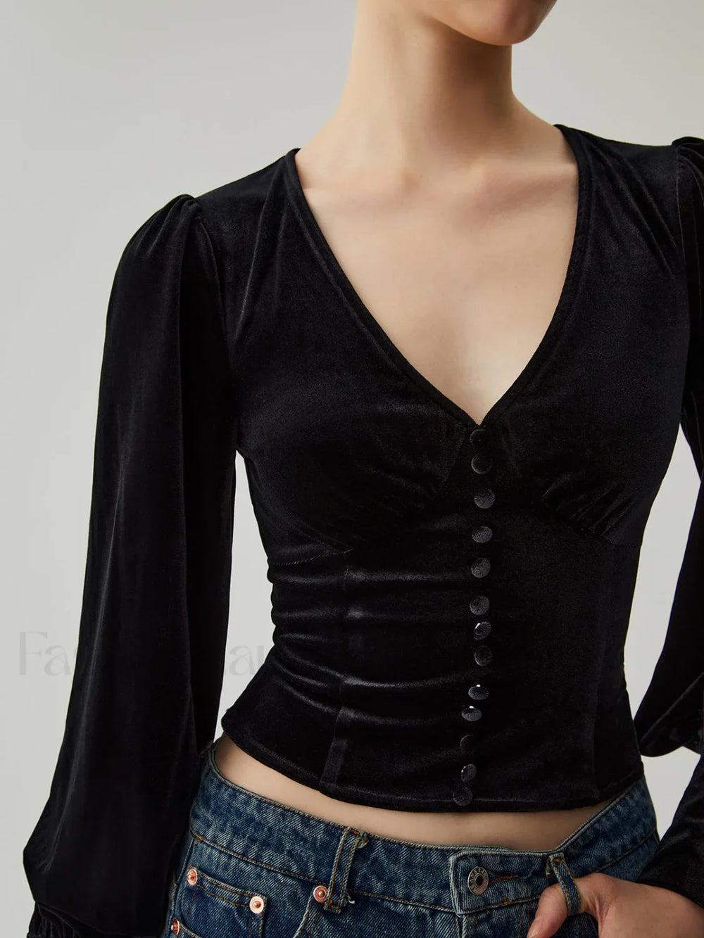 Velvet Buttoned V neck Trendy Long Sleeve Crop Top Blouses