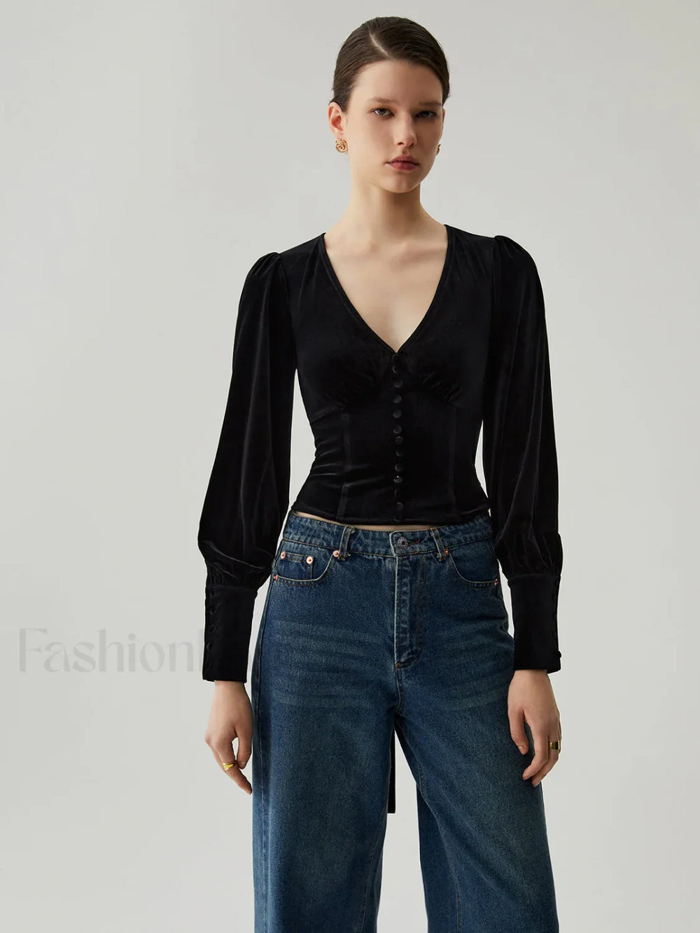 Velvet Buttoned V neck Trendy Long Sleeve Crop Top Blouses