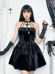 Velvet Halter Lace Backless Bodycon Draped Criss Cross A Line Sleeveless Vintage Dress