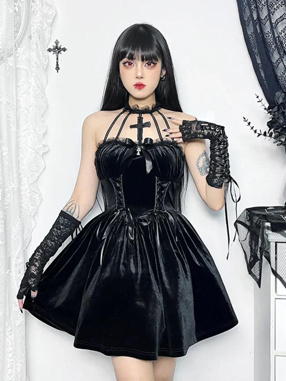 Velvet Halter Lace Backless Bodycon Draped Criss Cross A Line Sleeveless Vintage Dress Black / S