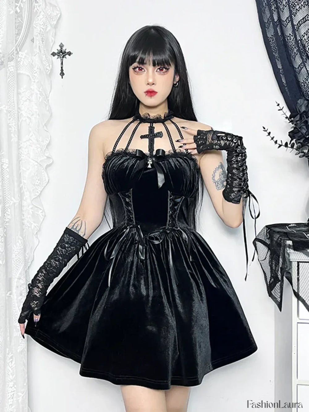 Velvet Halter Lace Backless Bodycon Draped Criss Cross A Line Sleeveless Vintage Dress Black / S