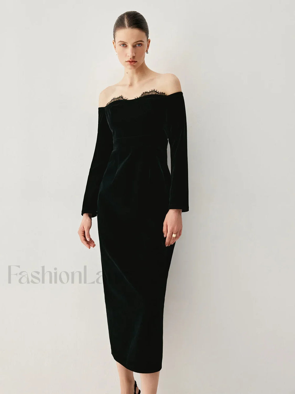 Velvet Off shoulder Patchwork Trendy Slit Midi Dress Dresses