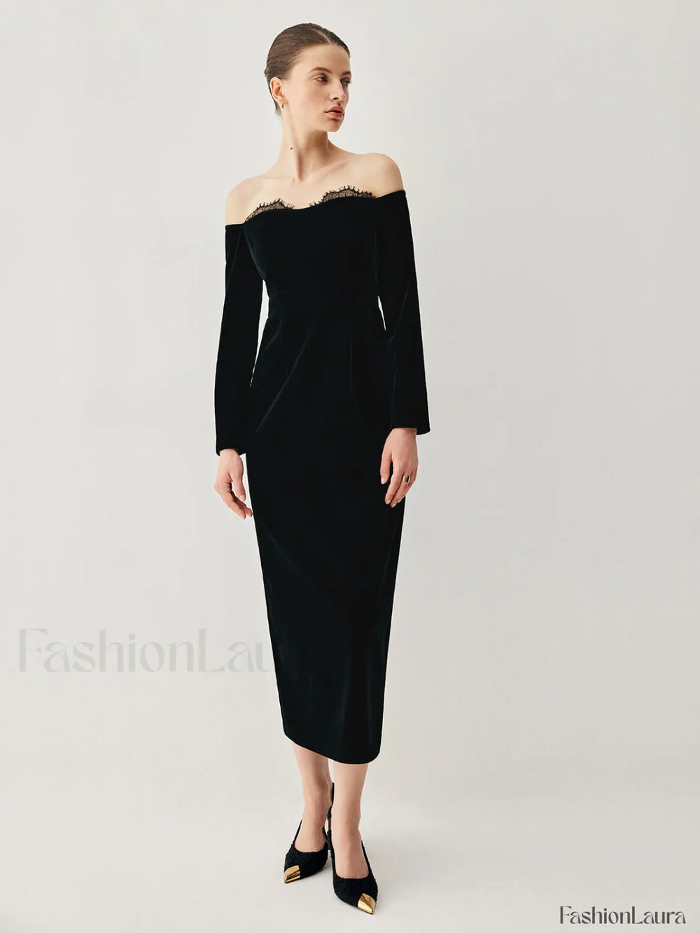 Velvet Off shoulder Patchwork Trendy Slit Midi Dress Dresses