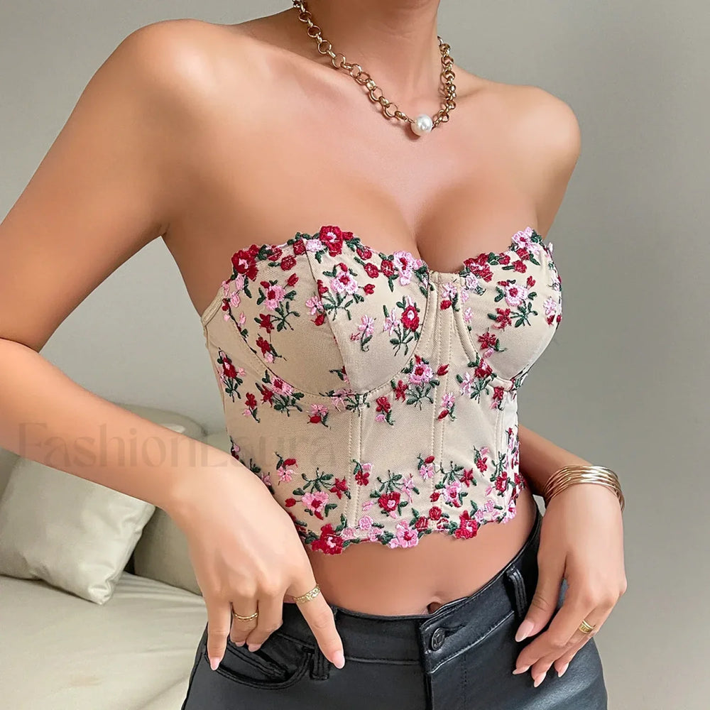 Vemina Y2K Embroidery Floral Strapless Tube Crop Top