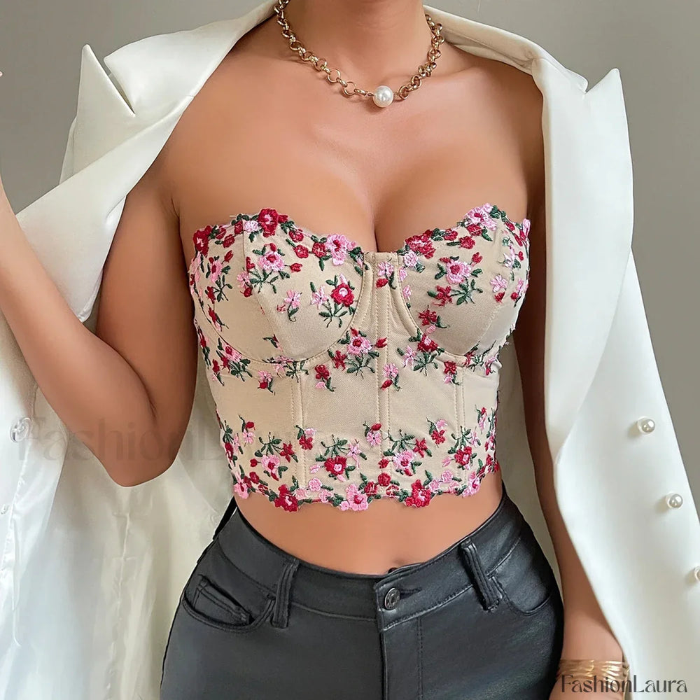 Vemina Y2K Embroidery Floral Strapless Tube Crop Top