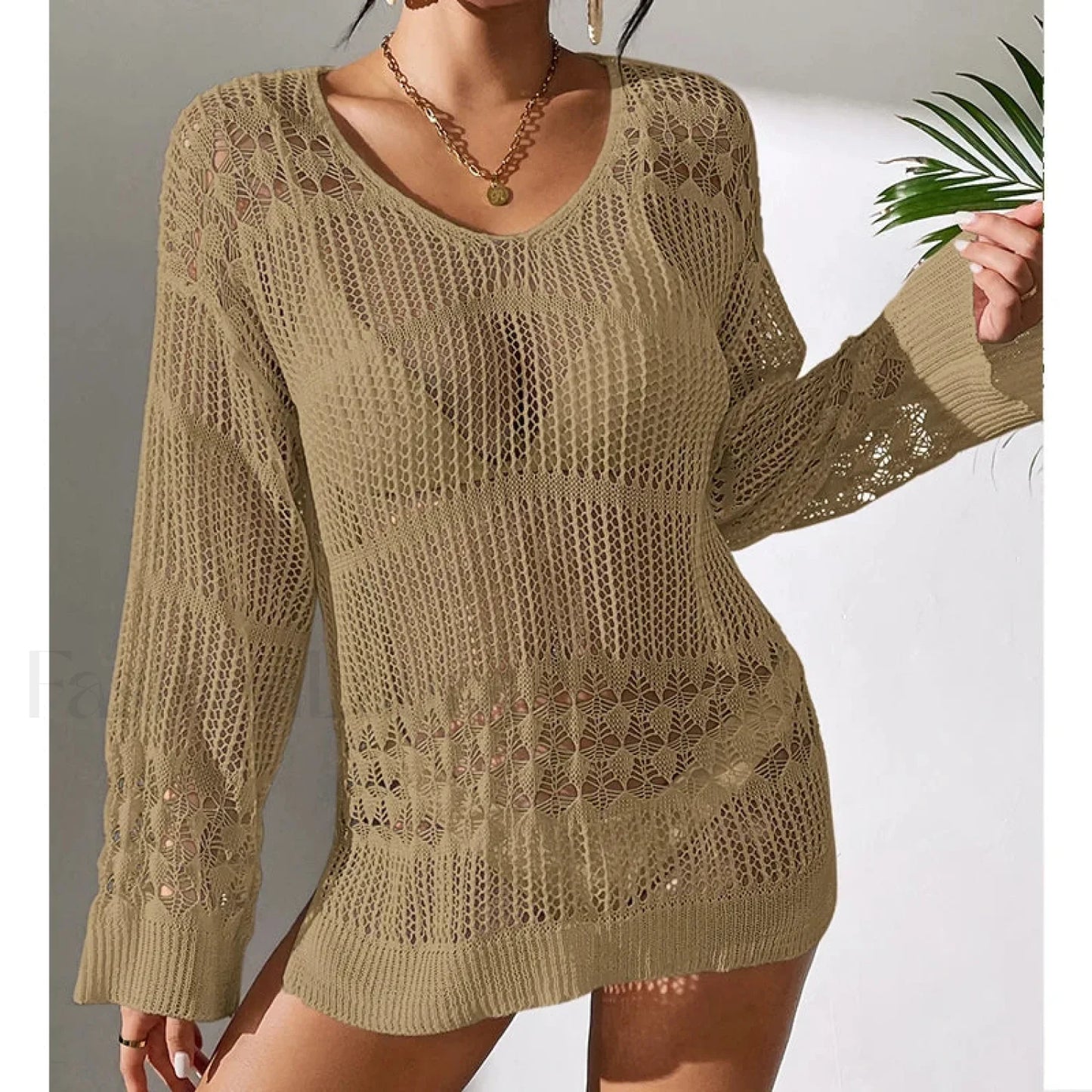 Versatile Crew Neck Long Cover Up Khaki / S