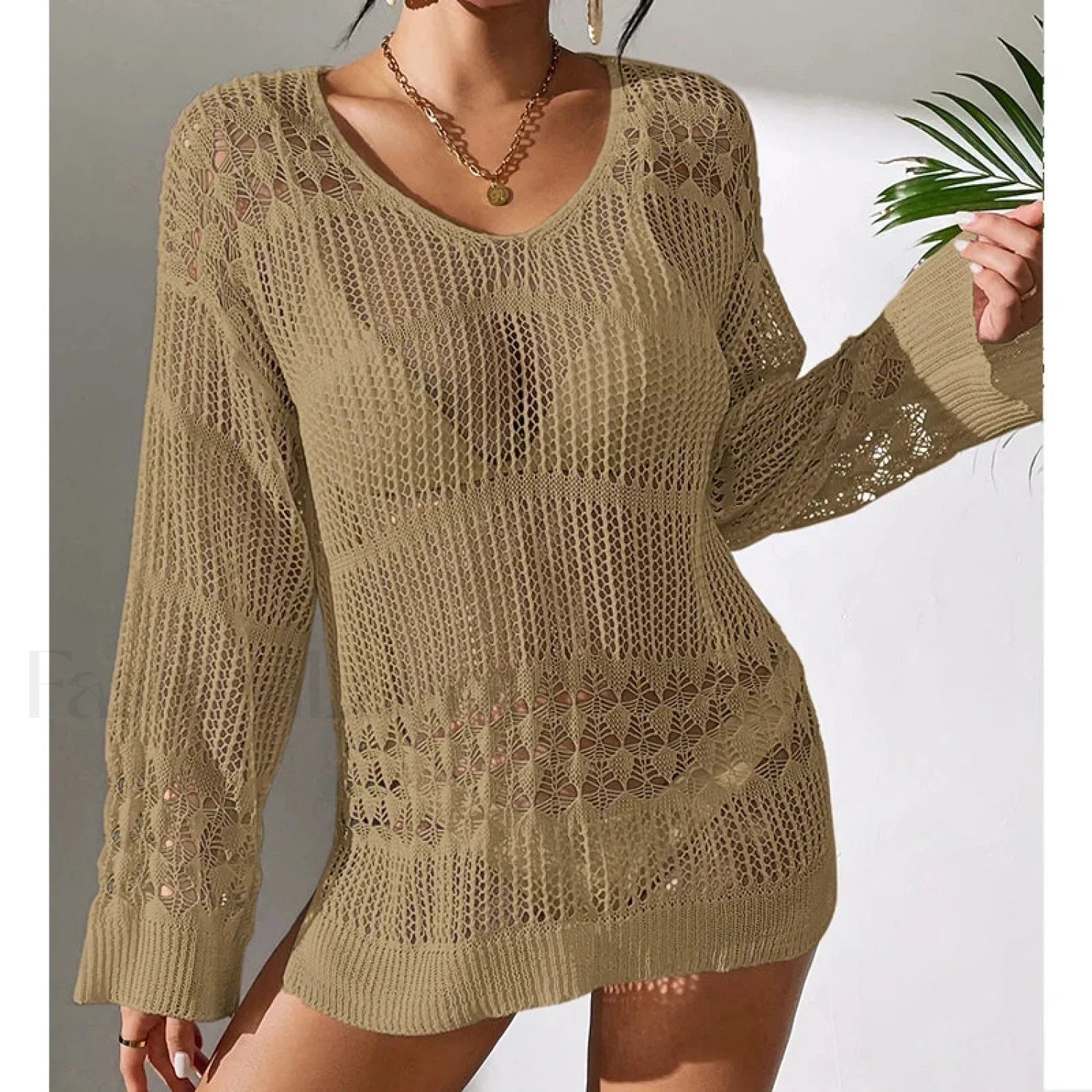 Versatile Crew Neck Long Cover Up Khaki / S