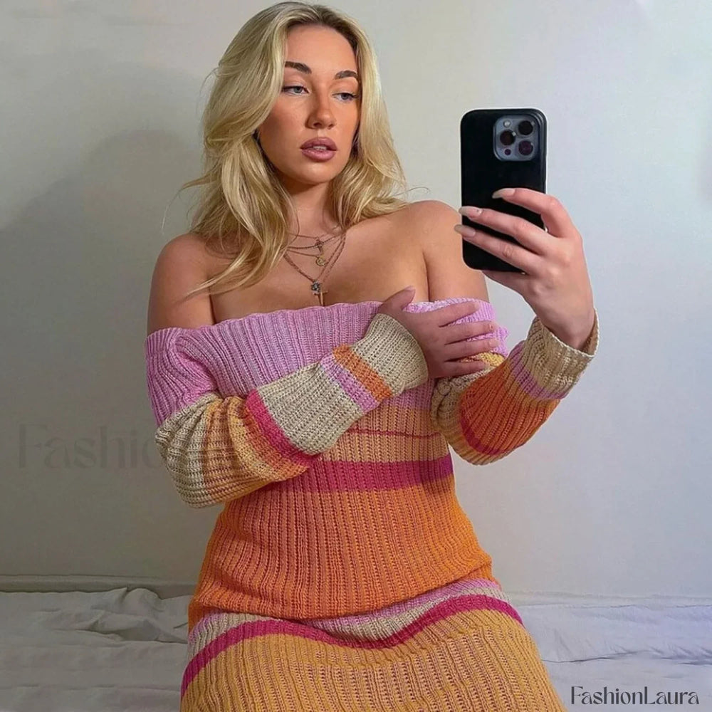 Versatile Striped Long Sleeve Crochet Knit Maxi Dress Multicolor L / Multicolor Sweater Dresses