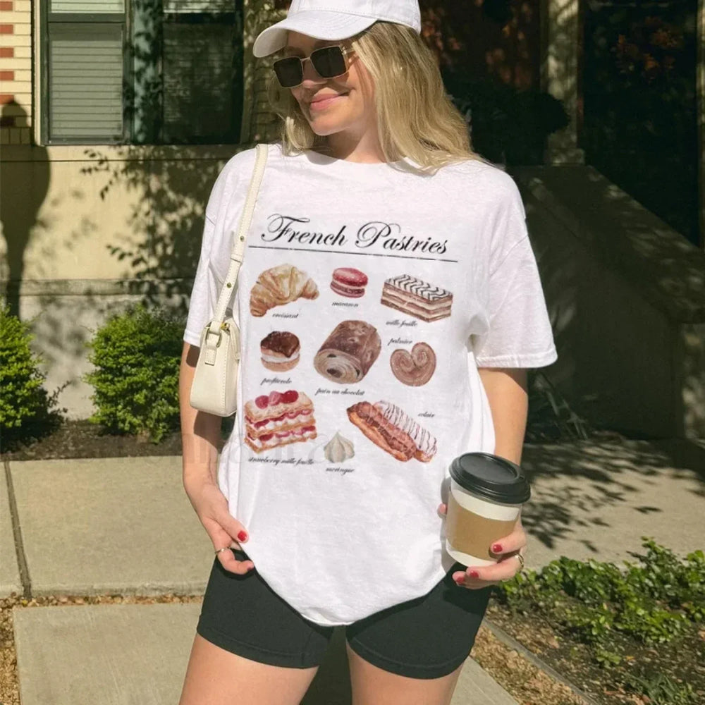 Vintage Boho French Pastries Baking Foodie T Shirt WHITE / S