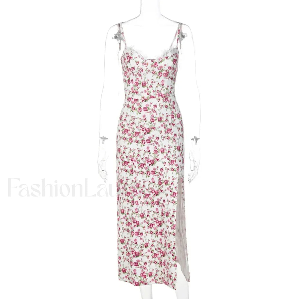 Vintage Boho Split Thigh Sleeveless Floral Print A Line Beach Midi Dress