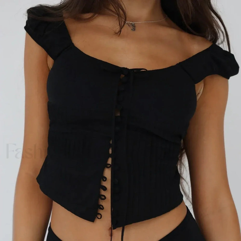 Vintage Button Up Milkmaid Crop Top Black / S