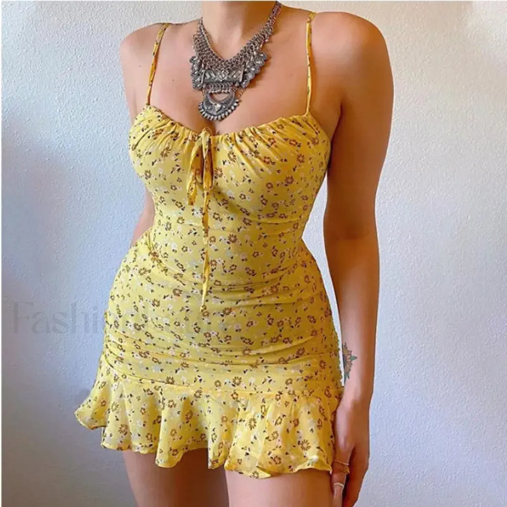 Vintage Camisole Backless Mini Dress Yellow / S