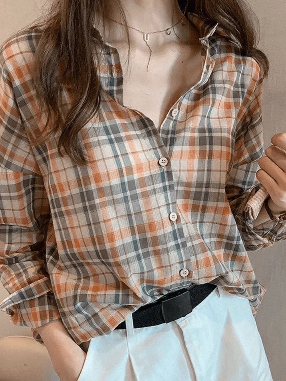 Vintage Checkered Long Sleeve Button Blouse Shirts