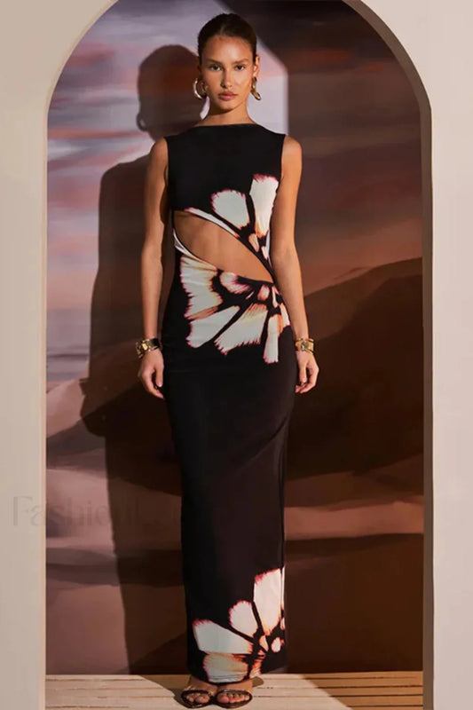 Vintage Floral Sleeveless Cutout Bodycon Maxi Dress Black / S