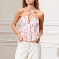 Vintage Keyhole Halter Crop Top Pink / S