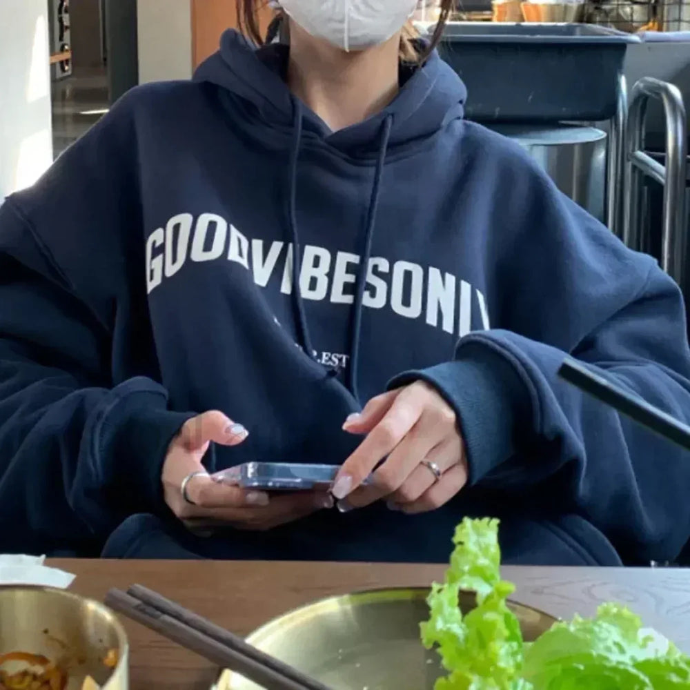 Vintage Letter Print Loose Grunge Street Warm Oversize Pullover Hoody Navy blue / M Sweatshirts & Hoodies L