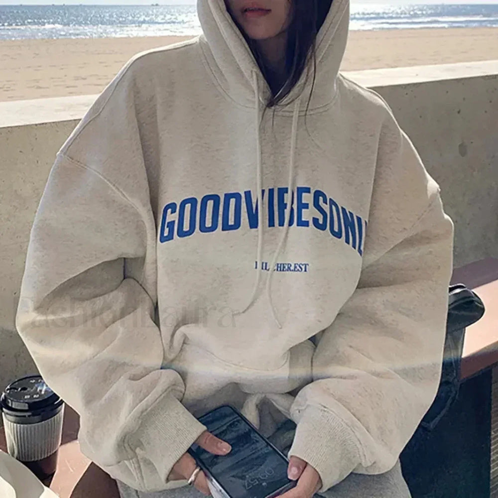 Vintage Letter Print Loose Grunge Street Warm Oversize Pullover Hoody APRICOT / M Sweatshirts & Hoodies L