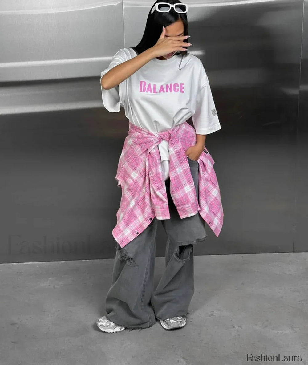 Vintage Letter Printed Cotton T Shirt Pink / M