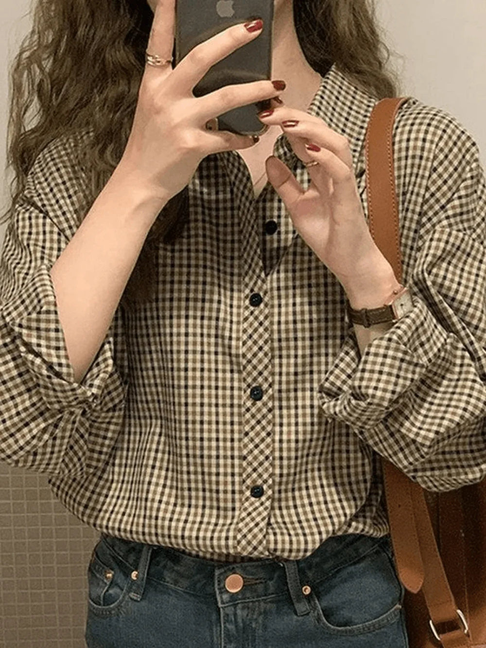Vintage Long Sleeve Checkered Blouse Brown / S Shirts