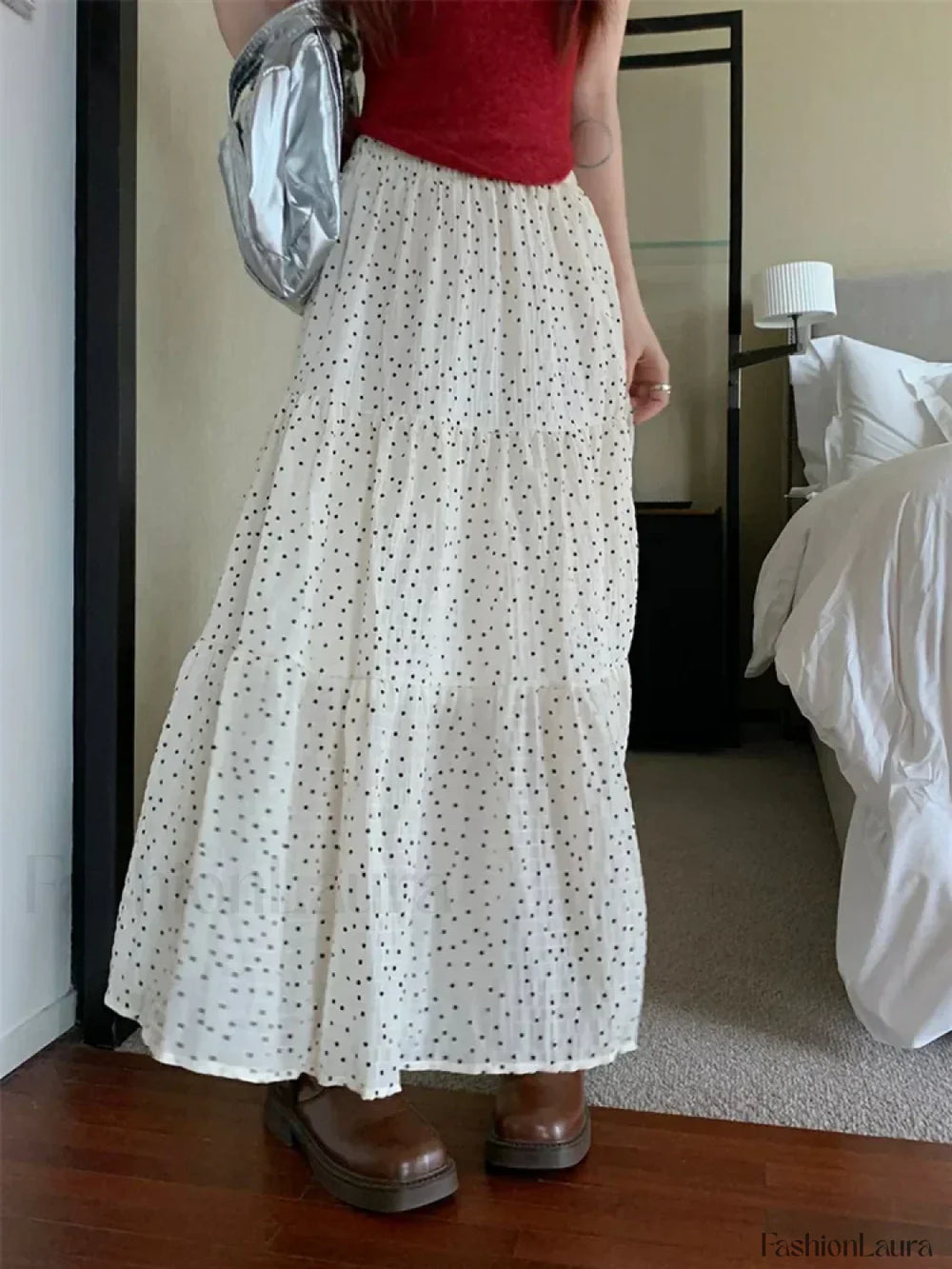 Vintage Polka Dot Holiday Ruffle Hem Long Skirt WHITE / One Size