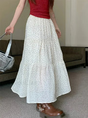 Vintage Polka Dot Holiday Ruffle Hem Long Skirt WHITE / One Size