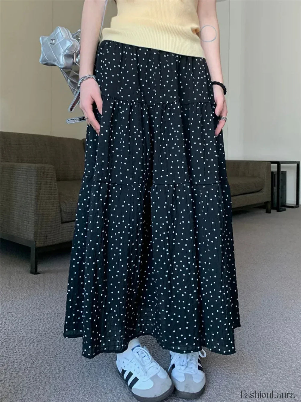 Vintage Polka Dot Long Skirt Black / One Size