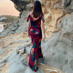 Vintage Print Cowl Neck Cold Shoulder Vacation Maxi Dress Red M / Red Vacation Dresses