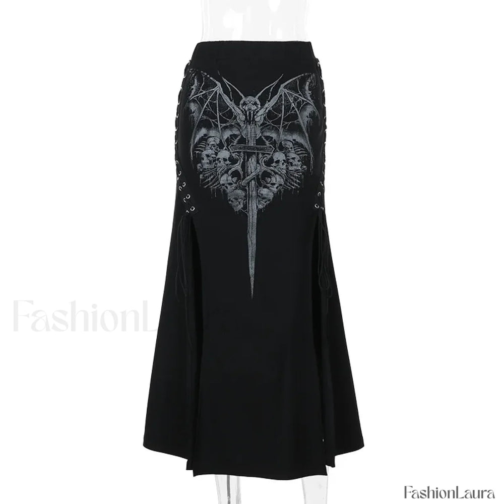 Vintage Print High Waist Mermaid Maxi Gothic Skirt with Sexy High Slit Black / S