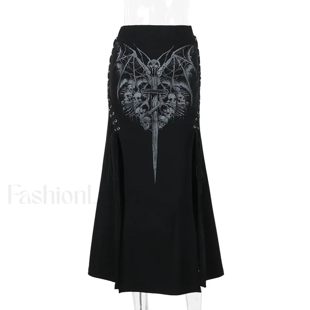 Vintage Print High Waist Mermaid Maxi Gothic Skirt with Sexy High Slit Black / S