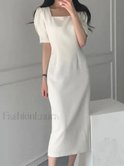 Vintage Puff Sleeve Split Maxi Dress White / S Midi Dresses