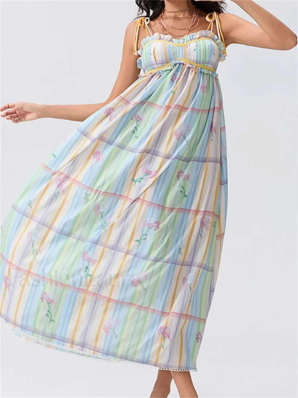 Vintage Ruched Print Strap Maxi Dress