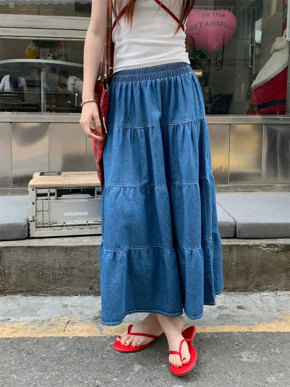 Vintage Ruffle Hem Korean Casual Elastic Waist Long Skirt Blue / One Size