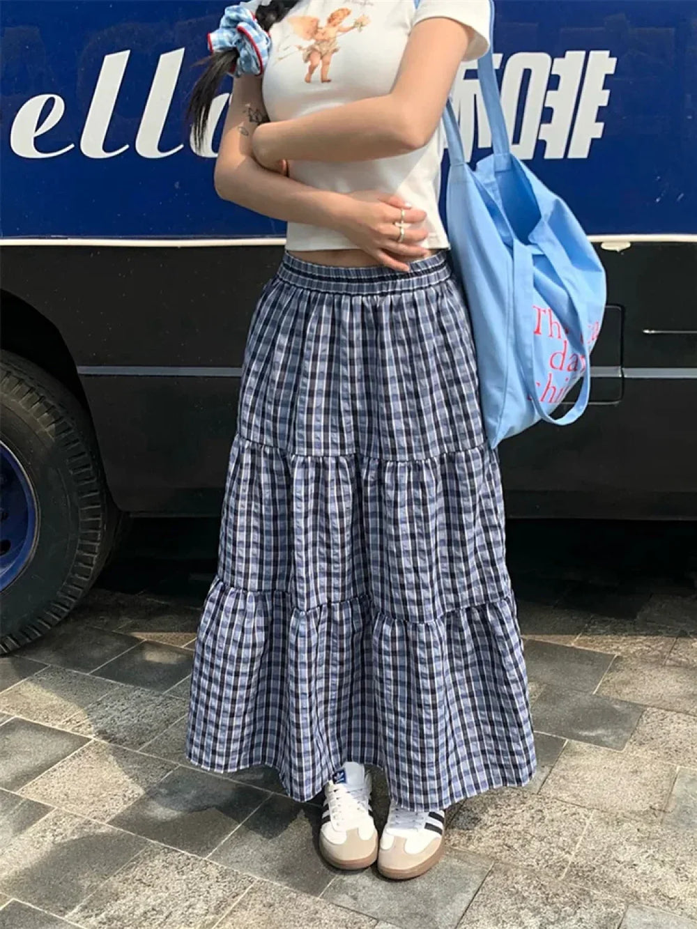 Vintage Ruffled Plaid Elastic Waist A Line Skirt Blue / One Size