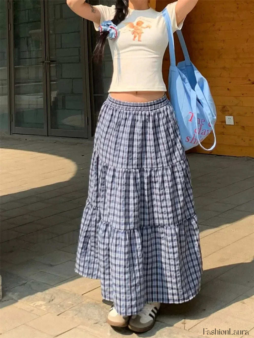 Vintage Ruffled Plaid Elastic Waist A Line Skirt Blue / One Size