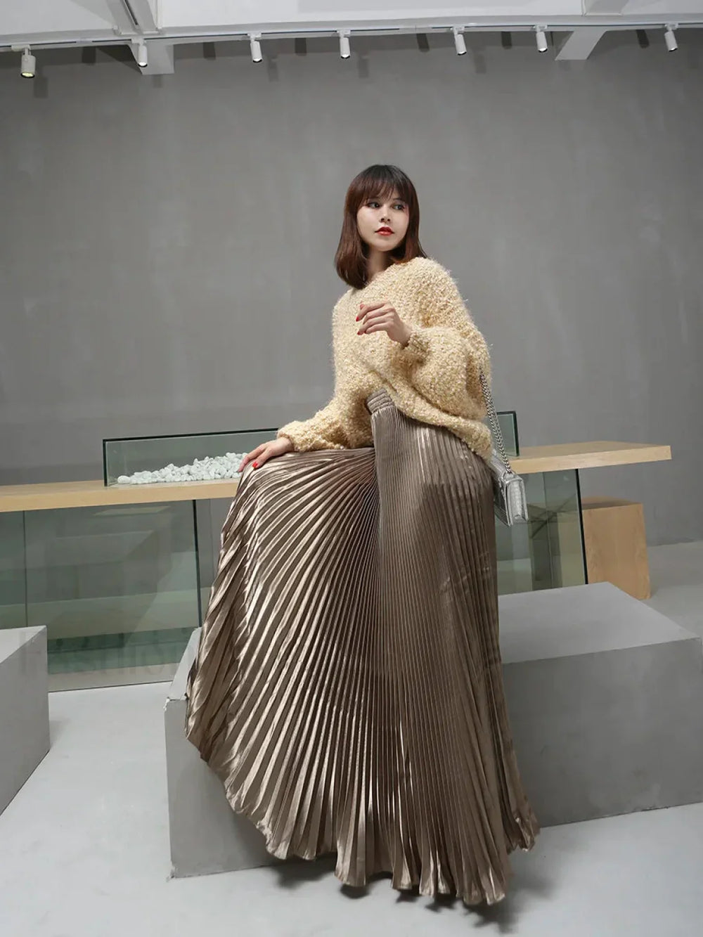 Vintage Silver Maxi Metal Flared Pleated High Waist Skirt coffee / One Size