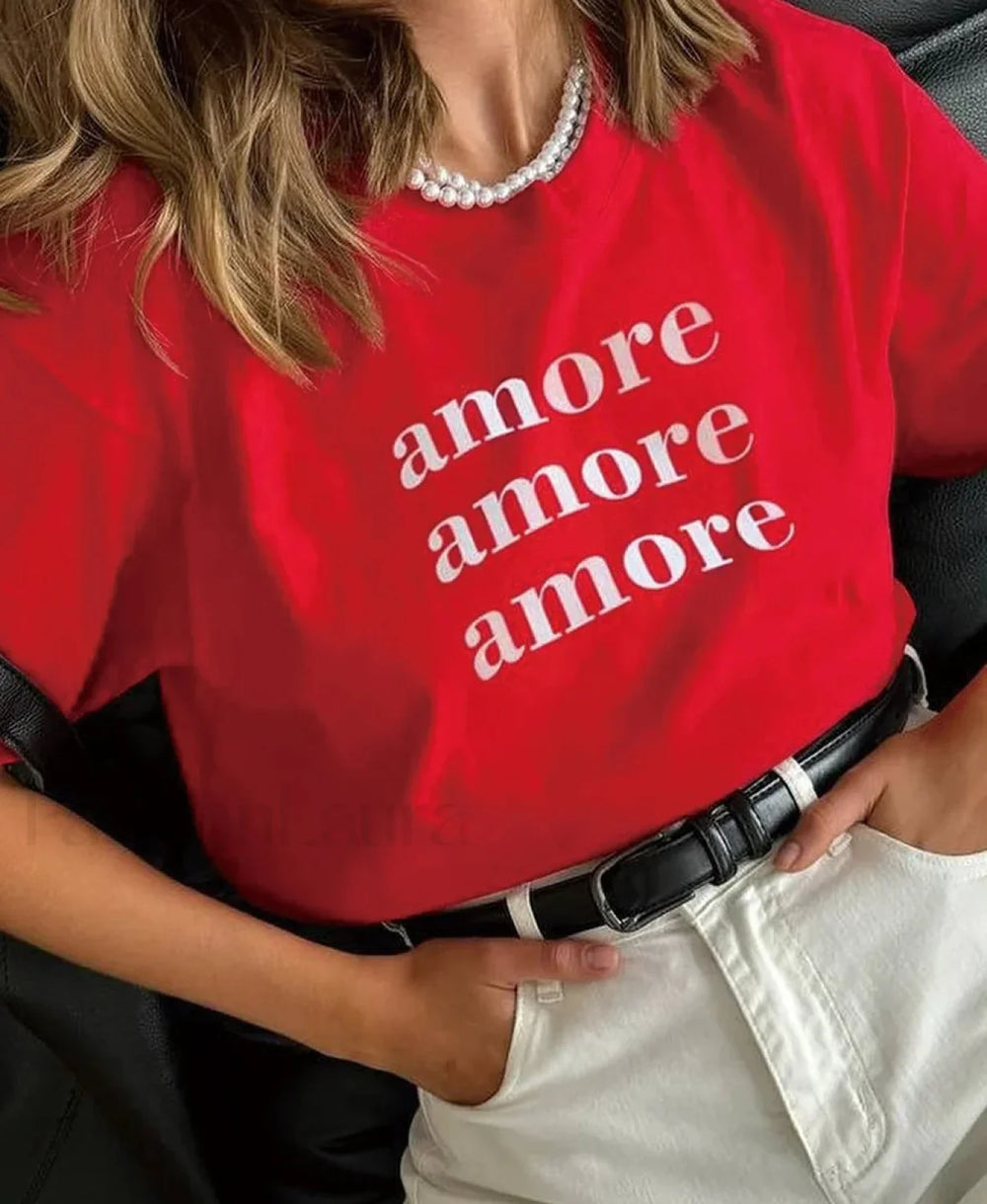 Vintage Simple Letter Printed Cotton T Shirt Red / M