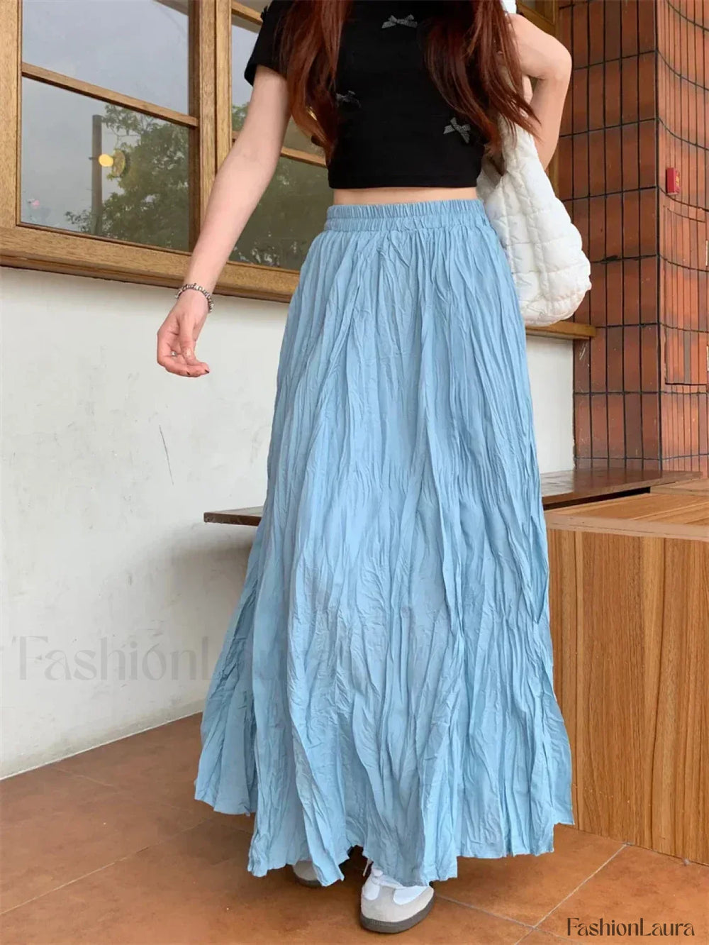 Vintage Solid Pleated Long A Line Skirt