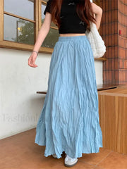 Vintage Solid Pleated Long A Line Skirt